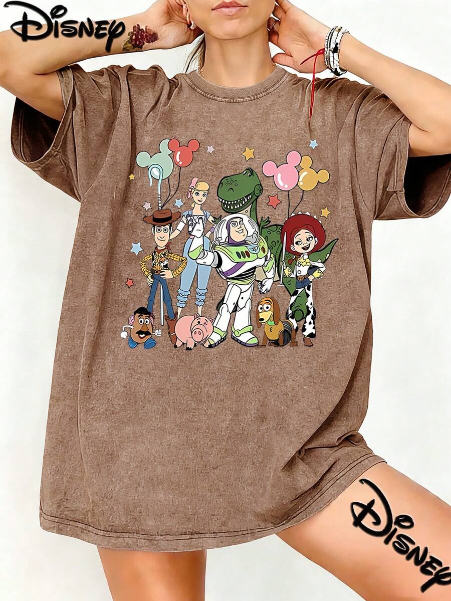 Disney ToyStory Squad Mickey Head Balloon Washed T-Shirt, Women's Oversized Vintage Short Sleeve Top, ToyStory All Characters Printed Casual Tee - 摩卡棕 - 查看 1