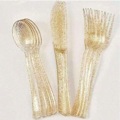 10/25/50/100/300pcs Set Cutlery - Forks And Spoons. This Gold-Plated Transparent Cutlery Set Includes Salad Forks And Cake/Dessert Spoons, Suitable For Making Cakes, Desserts, Salads, Burgers, Sandwiches, Sushi And Various Other Foods. Ideal For Party Occasions.