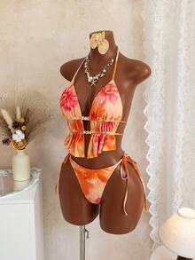 2pcs/Set Women's Summer Beach Swimwear Random Floral Print Spaghetti Strap Sexy Bikini Set, Suitable For Summer, Beach, Vacation, Carnival, Casual Daily, Fashionable And Elegant, Valentine's Day, Spring, Summer Holiday - Multicolor - View 3