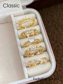 5pcs Luxury Fashion Elegant Double-Layer Criss-Cross Cubic Zirconia Adjustable Open Ring Set, Suitable For Engagement, Party, Wedding, Bride (Excluding Gift Box) - Yellow Gold - View 2