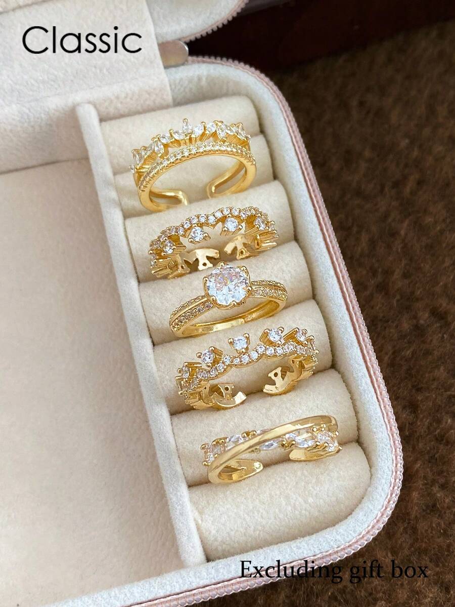 5pcs Luxury Fashion Elegant Double-Layer Criss-Cross Cubic Zirconia Adjustable Open Ring Set, Suitable For Engagement, Party, Wedding, Bride (Excluding Gift Box)