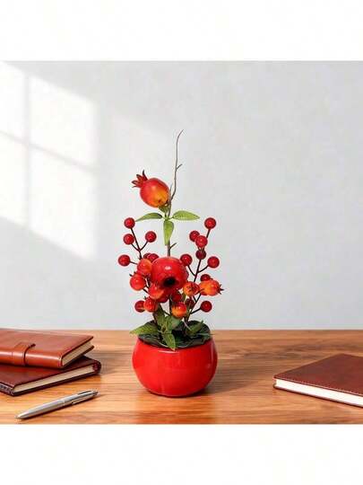 Auspicious Persimmon Pomegranate Artificial Potted Plant, Chinese New Year Red Fruit Home Decoration Ornament With Good Luck Meaning, Beautiful Fake Floral Bonsai For Festivals, Weddings & Parties, Sweet Gift For Anniversary And Valentine's Day