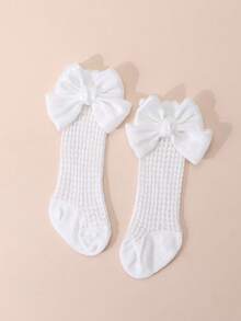 1 Pair Baby Girls' Sweet Cute Bow Decor Cotton Mesh High Socks, Spring/Summer - White - View 5