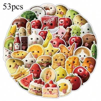 53Pcs Funny Food Stickers, Very Abstract Food Stickers, Fun Expression Food Styling Stickers, Life Decoration Stickers, Simple Decoration Tablet And Laptop Stickers, Electronic Device Decoration Stickers