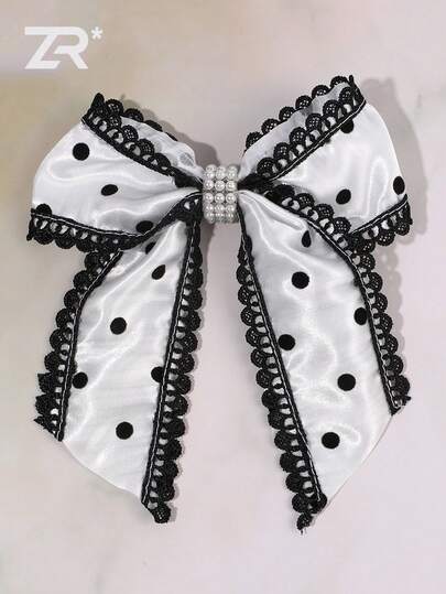 1 chiếc kẹp tóc nơ chấm bi, viền ren đen và đính ngọc trai, kẹp cá sấu, phụ kiện tóc nơ thanh lịch cổ điển dành cho nữ, thích hợp cho sinh hoạt hàng ngày, dự tiệc và chụp ảnh.