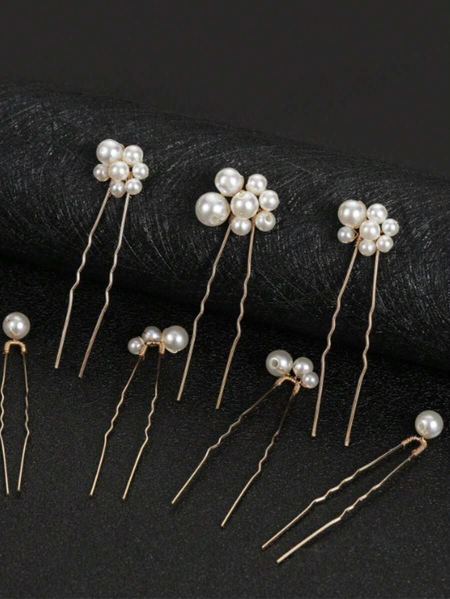 Bộ 7 chiếc kẹp tóc hình chữ U đính ngọc trai, phụ kiện cài tóc cô dâu trong đám cưới. - Vàng - Xem 1