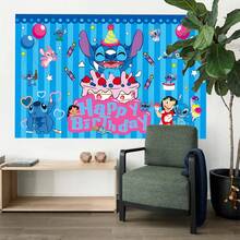 1件正版卡通蓝条纹史迪奇生日派对装饰背景布（210*150/150*100/100*75厘米），草莓蛋糕史迪奇和莉萝摄影背景，新生儿派对史迪奇生日主题墙饰，摄影棚道具 - BJB - 查看 9