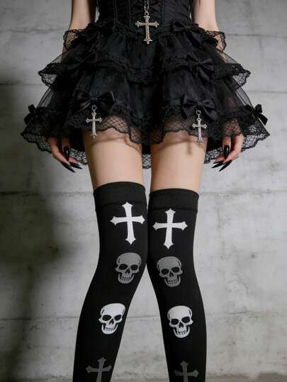 1双女士哥特印花骷髅十字过膝长袜，Y2K甜美性感过膝袜，街头风紧身裤，JK洛丽塔角色扮演长袜，春夏款