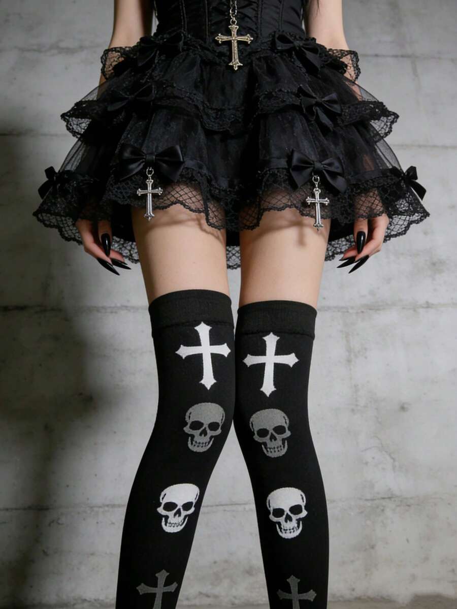 1双女士哥特印花骷髅十字过膝长袜，Y2K甜美性感过膝袜，街头风紧身裤，JK洛丽塔角色扮演长袜，春夏款 - 黑與白 - 查看 1