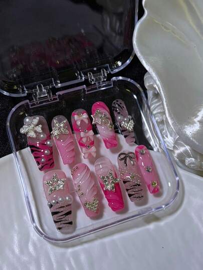Set de 10 piezas de arte de uñas estilo Y2K, uñas postizas rosas 3D, uñas de ataúd, calcomanías de uñas francesas, uñas postizas con diamantes y lentejuelas en forma de corazón, decoración de diamantes, moños, encantos de uñas con estrellas, uñas con efecto de ondas de leopardo, incluye herramientas para uñas (1 hoja de calcomanías de gelatina + 1 lima de uñas), adecuado para fiestas, San Valentín, bodas, uso casual y diario