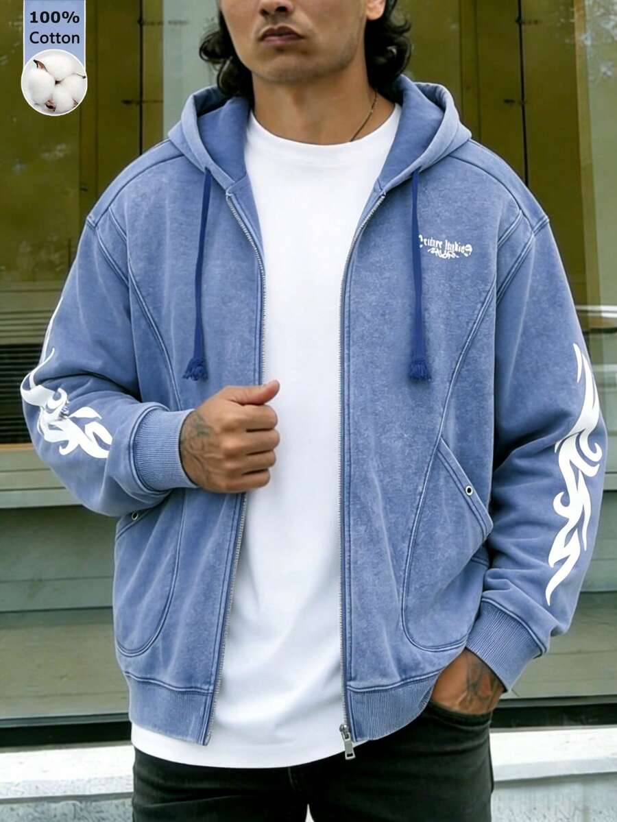 春夏男士拉鍊開襟衫連帽彩蘭色衛衣， 純棉舒適寬鬆版型， 日常休閒基礎上衣, 日常休閒戶外度假節日基本款百搭衛衣 - 彩蘭 - 查看 1