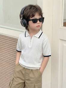 Boys' Preppy Style Lyocell Solid Color Short Sleeve Knit Sweater Half-Zip Polo Thin Summer Autumn - White - View 4