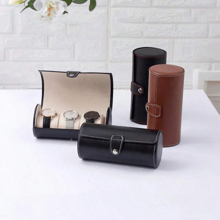 New Handmade Luxury PU Leather Round Travel Watch Box, Dustproof Watch Storage Display Gift Box, PU Leather Jewelry Box Back To School - Black 19 * 9cm - View 1