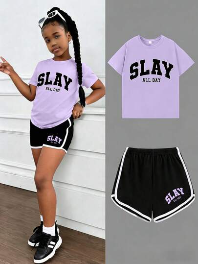 Teenage Girls Casual Letter Print Round Neck T-Shirt + Printed Shorts Set, Comfortable Summer Outfit