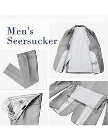 Men's Two-Piece Suit, Seersucker Fabric, Elegant Suit Jacket, Matching Trousers, Casual Business Wedding Suit, Men's Formal Suit, Wedding, Business Caformal Event Attire, Elegant Men's Wear, Exquisite Appearance, High-Quality Seersucker Material - 灰色 - 查看 5