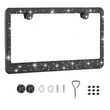2 paquetes de soportes de matrícula de acero inoxidable premium con diamante de imitación para mujeres, funda de matrícula con cristales de diamante brillantes y brillantes hecha a mano, tapa brillante - Acrílico de acero inoxidable con orificio cuadrado - Ver 14