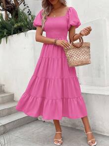Women's Casual Summer Midi Dress With Puff Short Sleeves, Square Neck, Smocked Waist And Tiered Ruffle Hem. - Rose Pink - View 2