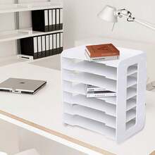 7 Fächer Ablagefächer Stapelbar, Großer Schreibtisch Organizer aus PVC, Briefablage Dokumentenhalter, für Dokumente Papier Magazin Buch Lagerung Bürobedarf, 34 x 25 x 39 cm, Weiß - Weiß - Übersicht 4