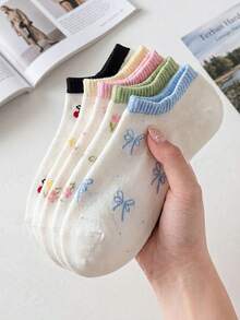 1/5/10 pares de calcetines invisibles tipo barco de corte bajo con lazo aleatorio color cereza para mujer, moda primavera/verano, suaves, cómodos, transpirables, versátiles y lindos, adecuados para uso diario al aire libre - Multicolor - Ver 4