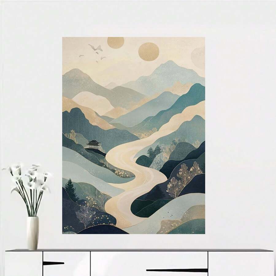 Póster de arte de pared asiático minimalista 2D plano, 1 pieza - Pintura abstracta en lienzo de montaña, río y pagoda, paisaje zen sin marco adecuado para decoración del hogar, oficina, baño, decoración moderna para habitaciones con temática de naturaleza, 2D plano - Enmarcado - Ver 1