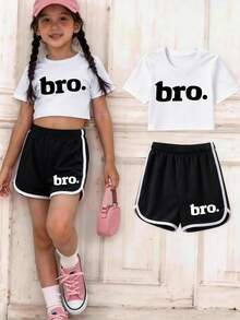 1 Set Teenage Girls' Round Neck Short Sleeve T-Shirt And Shorts Set, Printed Text Graphic Design, Comfortable Minimalist Style, Suitable For Spring And Summer - Multicolor - View 11