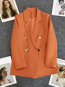 Blazer Wanita Lengan Panjang Polos Kancing Ganda Musim Semi & Musim Panas, Kerah Berlekuk | Ideal untuk Kencan, Pesta, Jalan-jalan & Perayaan Meriah - Oranye - View 9