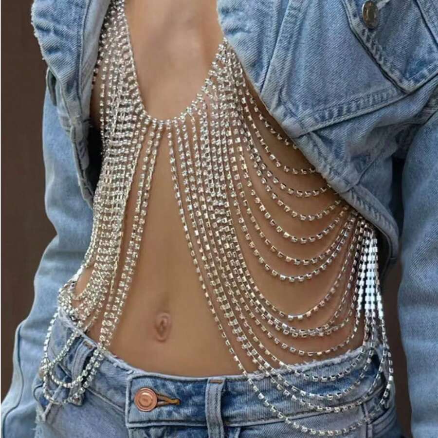 1 chiếc dây chuyền đeo thân nhiều lớp đính đá lấp lánh, thời trang và gợi cảm. - Chuỗi cơ thể - Xem 1