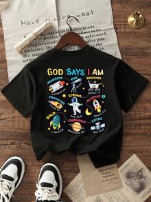 Áo thun đen dáng rộng in hình phi hành gia và tên lửa dễ thương "God Said I Am" dành cho bé trai, phong cách đường phố thường ngày. - màu đen - Xem 5