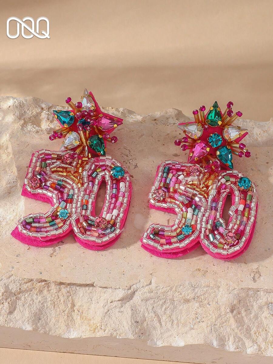 OOQ 1 Pair Fuchsia 3D Numeric Beaded Earrings, Exaggerated Elegant Design, Handmade Jewelry Suitable For Party, Holiday, Prom Wear (Handmade Beads Color, Quantity And Placement Are Random) - Color 50 - View 1