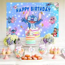 1pc Authorized Cute Stitch Candle Cake Birthday Party Decoration Background Cloth (82.7x59.1 Inches, 59.1x39.4 Inches, 39.4x29.5 Inches), Blue-Purple Stitch And Lilo, Angel Cake Candles, Christening Cake Table Birthday Party Wall Decor Background Cloth, Suitable For Photography Studio Venue Wall Decor Party Supplies - BJB - View 1