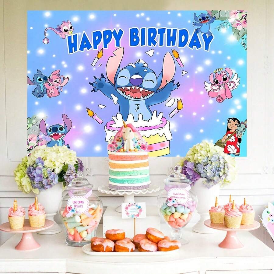 1pc Authorized Cute Stitch Candle Cake Birthday Party Decoration Background Cloth (82.7x59.1 Inches, 59.1x39.4 Inches, 39.4x29.5 Inches), Blue-Purple Stitch And Lilo, Angel Cake Candles, Christening Cake Table Birthday Party Wall Decor Background Cloth, Suitable For Photography Studio Venue Wall Decor Party Supplies - BJB - View 1