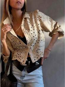 Solid Color Embroidered Ruffle Tie Front Vacation Blouse Summer - Camel - View 7