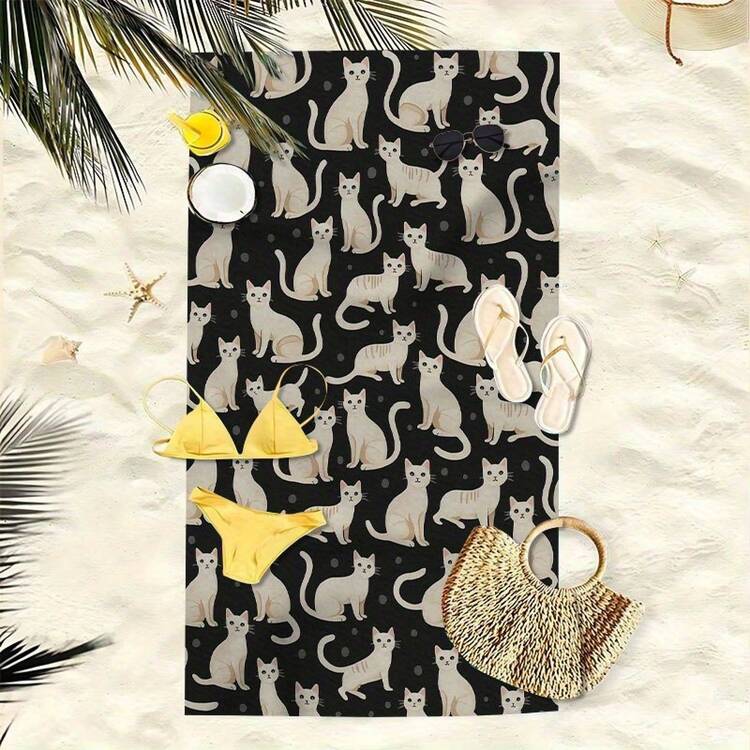 1pc Cute Cats Pattern Beach Towel High Water Absorption Quick Drying Soft Lightweight Perfect For Yoga Swimming Camping Soft Texture Towel - A - 查看 3
