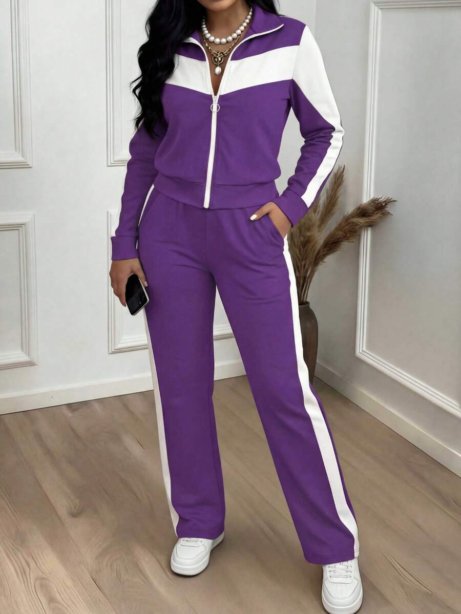 2pcs/Set Women's Fashion Comfortable Contrast Color Patchwork Sports Jacket And Casual Pants Outfit, Spring/Autumn - Purple - View 1
