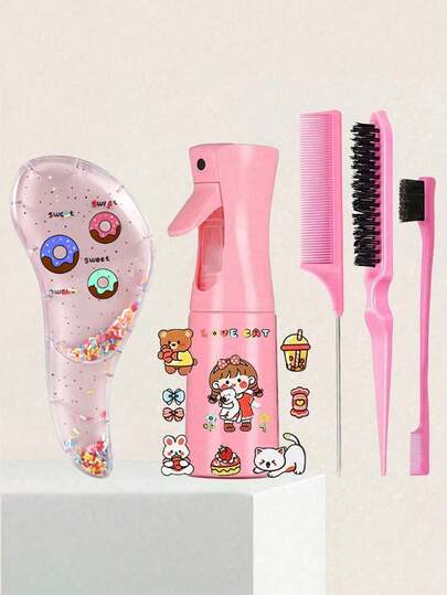 6件套时尚美发造型工具套装，包括梳子、连续喷雾瓶、卡通贴纸、细雾喷枪、边缘刷、尖尾梳和蓬松刷。适用于造型、定型、清洁、美发沙龙、返校季和旅行。是女孩们的理想美发配饰套装。