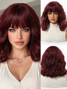12 Inch Short Wavy Bob Wig, Classic Wine Red Water Wave Bob Wig With Bangs, Heat Resistant Natural Look, Suitable For Daily Wear, Party, Cosplay - Burgundy - View 2