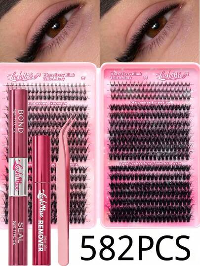 1164PCS/582PCS D-Curl Eyelash Extension Set, 30D/40D/50D/60D/80D/100D/120D/150D , Various Combinations, 0.31–0.63inch Soft & Natural Lashes, Includes Eyeshadow, Glue, Sealer, Tweezers & Brush, Suitable For Beginners, Large Capacity