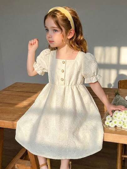 Girls' Summer Square Neck Petal Sleeve Dress, Delicate Jacquard Texture, Pearl Button Waist, Elegant Princess Dress For Girls