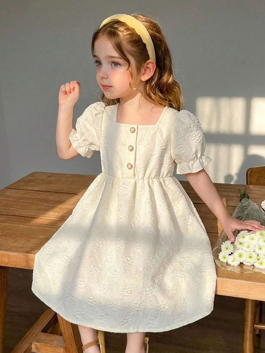 女童夏季方领花瓣袖连衣裙，精致提花面料，珍珠纽扣腰身，优雅公主裙 - 米色 - 查看 1