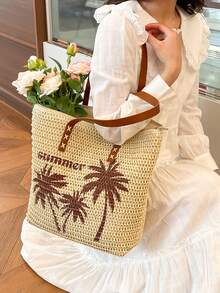 Túi tote bằng rơm thêu họa tiết cây cọ tối giản, túi xách tay cỡ lớn tiện dụng cho người đi làm, túi đi biển thường ngày dành cho nữ. - Màu be - Xem 7