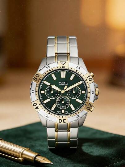 Fossil Men's Two-Tone Silver & Gold Steel Band Chronograph Wrist Watch, White Bezel, Gold Numerals, Dark Green Dial, Gold Markers, 3 Sub-Dials, Japanese Quartz Movement - Sports Luxury Contrast Color Style Watch, Gift For Boyfriend Or Father