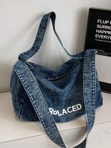 Este es un bolso de mano de mujer de color azul claro, de estilo de moda y sencillo, hecho de tela de mezclilla con un diseño de doble asa, adecuado para deportes al aire libre, ir al trabajo, ir de compras, vida universitaria y viajes cortos. - Azul - Ver 5