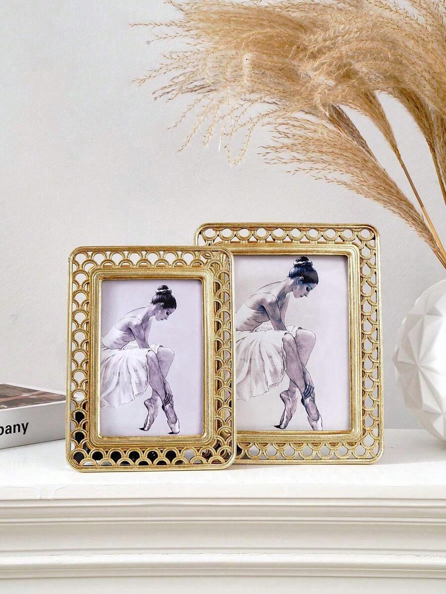1 pieza Marco de fotos decorativo con patrón floral 3D de estilo minimalista moderno, material de resina con tono dorado para decoración del hogar, apto para uso horizontal y vertical, ideal para decoración de dormitorio, estudio, escritorio de oficina, regalo de cumpleaños o graduación - 1PC - Ver 1