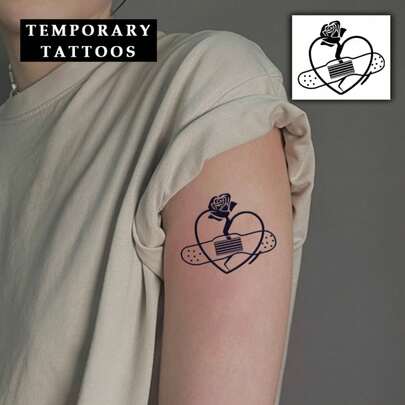 AMIFANS 临时纹身贴纸，破碎的心形图案，配玫瑰和绷带，半永久纹身，可持续1-2周，持久纹身，果汁纹身，逼真纹身，浪漫纹身，仿真纹身，防水，外观逼真，小众设计纹身，水果纹身，植物纹身