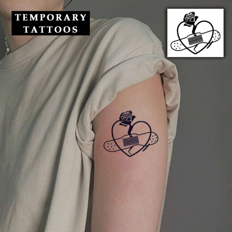 AMIFANS 临时纹身贴纸，破碎的心形图案，配玫瑰和绷带，半永久纹身，可持续1-2周，持久纹身，果汁纹身，逼真纹身，浪漫纹身，仿真纹身，防水，外观逼真，小众设计纹身，水果纹身，植物纹身 - 黑色 - 查看 1