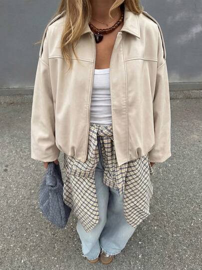 MUMRAP 女士休闲街头风翻领夹克，复古长袖拉链宽松外套，春季款