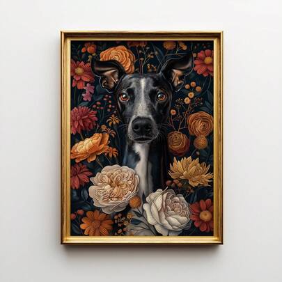 1幅无框异想天开的灵缇犬与花卉肖像艺术画 - 复古田园风猎犬墙饰，送给爱狗人士的礼物，适用于卧室、宿舍、公寓、家庭办公室、教室等场所，是卧室装饰的理想之选，也是墙面装饰画、海报、复古装饰和最佳礼品选择。