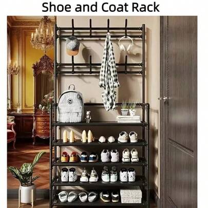 Multifunctional Shoe And Hat Rack 5-Layer Storage Rack With 8 Hooks, Large Capacity To Store Shoes, Boots, Clothes, Hats, Bags, Organize Daily Sundries And Save Space