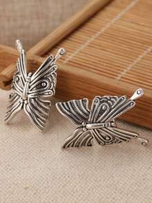 1 Pair Retro Butterfly Ear Clips - Creative Butterfly Accessories - Insect Jewelry - No Piercing Earrings, Wing Earrings - Antique Silver - View 2