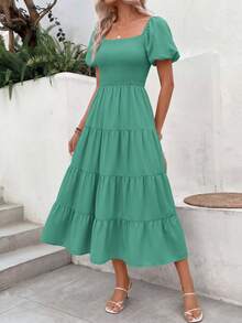Women's Casual Summer Midi Dress With Puff Short Sleeves, Square Neck, Smocked Waist And Tiered Ruffle Hem. - 綠色 - 查看 6